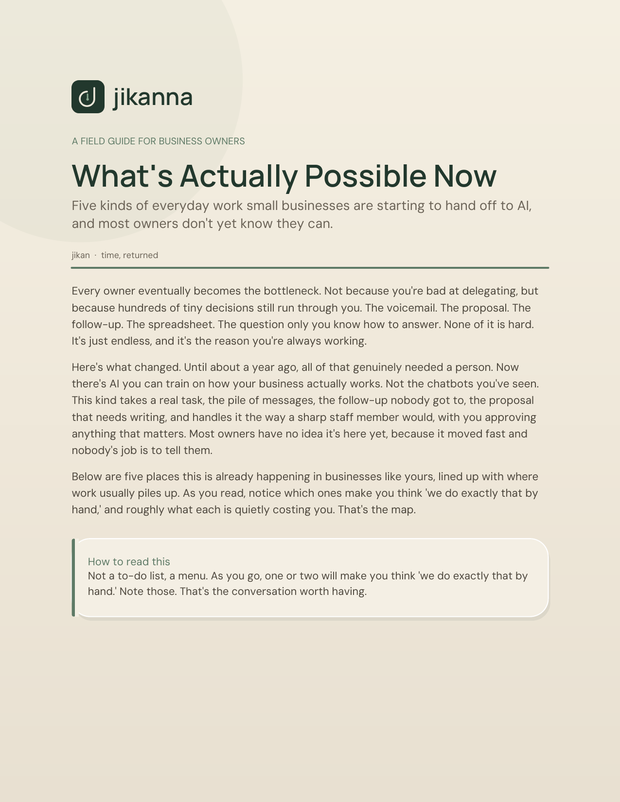 Cover of the Jikanna field guide, What's Actually Possible Now